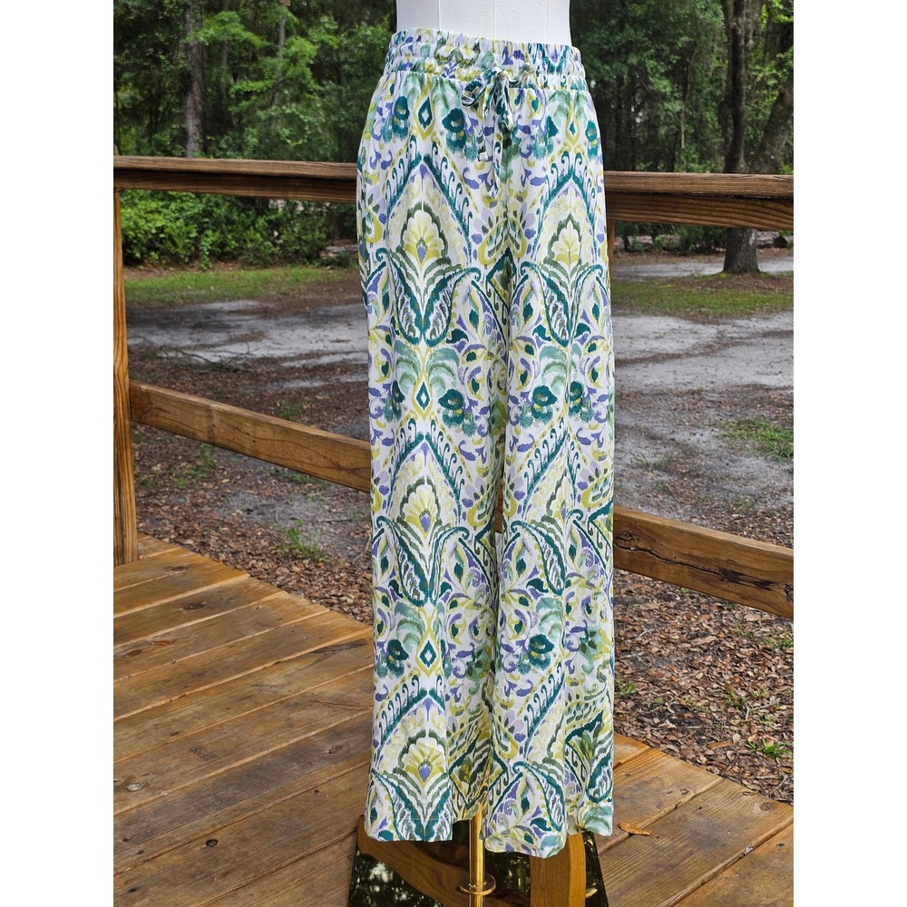 Philosophy Republic Clothing Petite Green Purple Ikat Wide Leg Boho Pants PM NEW